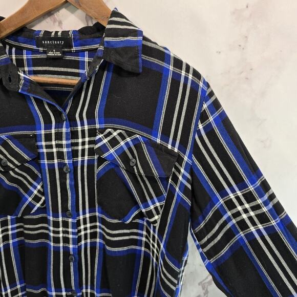 Anthropologie Shirt Womens Small Button Up Plaid Black Blue Sanctuary - Picture 11 of 12